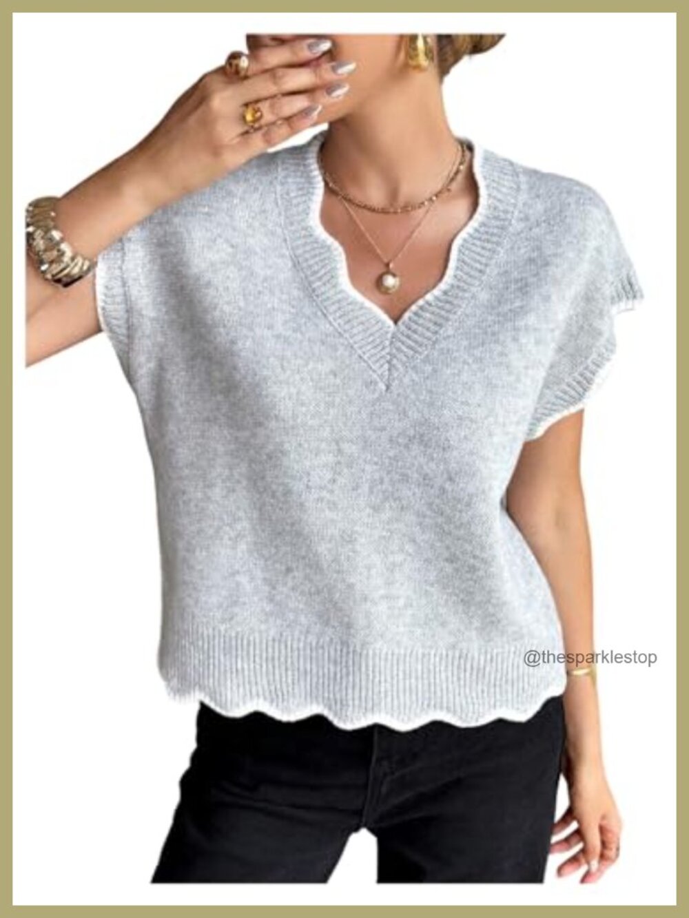 V-Neck Scallop Cap Sleeve Knit Pullover Sweater Top